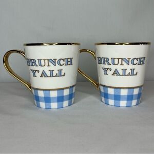 Draper James Set of 2 Blue Gingham Mugs- "Brunch Y'all". Gold Handles & Trim